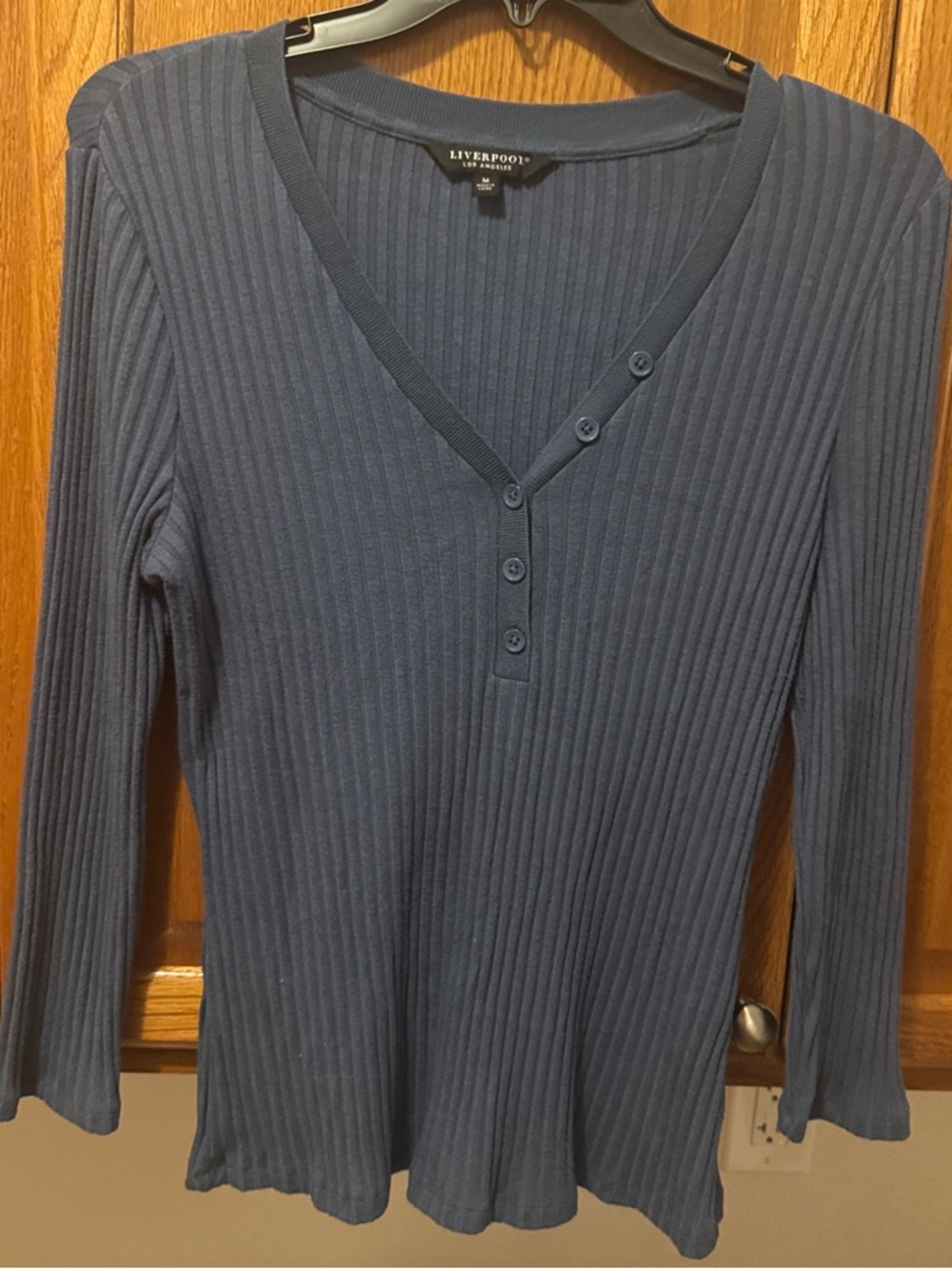 Liverpool Ribbed V-Neck Long Sleeve Top in Navy Blue